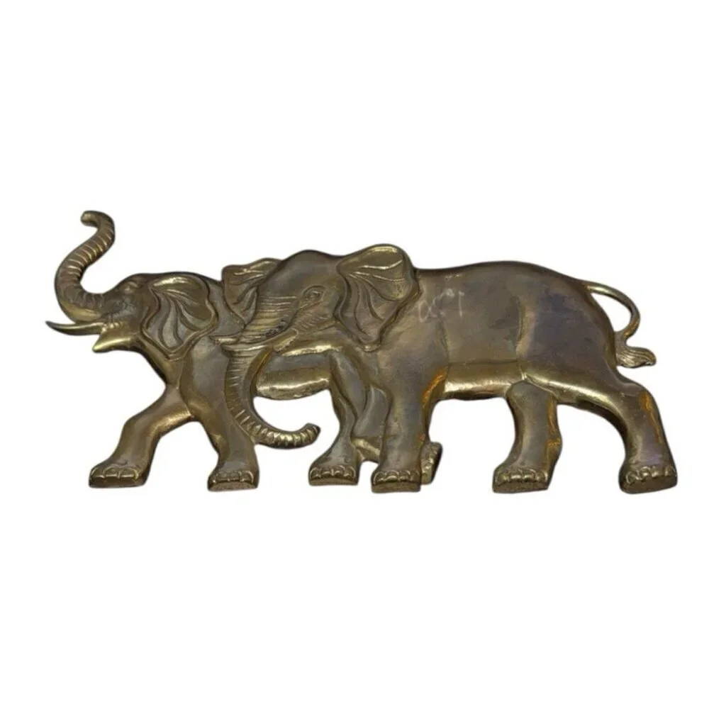 Vintage Enesco Brass Elephant Pair Wall Hanging 1984 Taiwan ROC 13